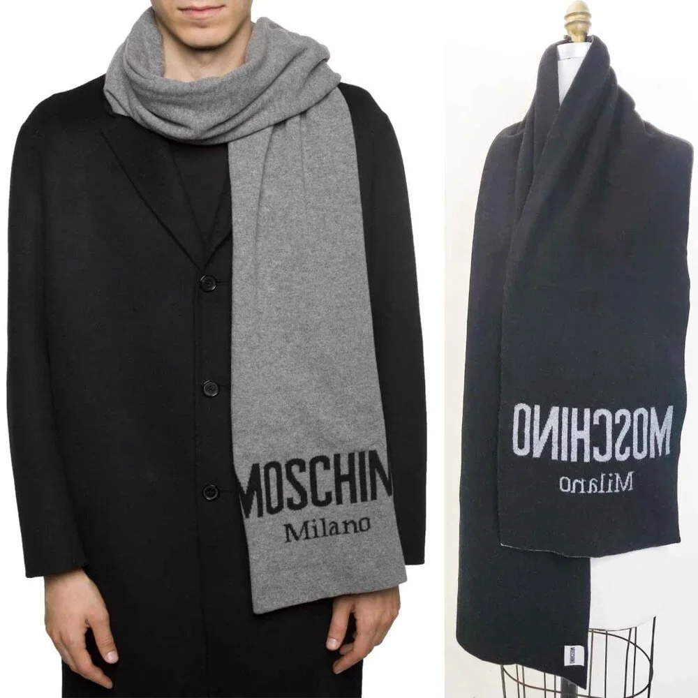 Moschino Unisex Wool Black Gray Logo Scarf Italy